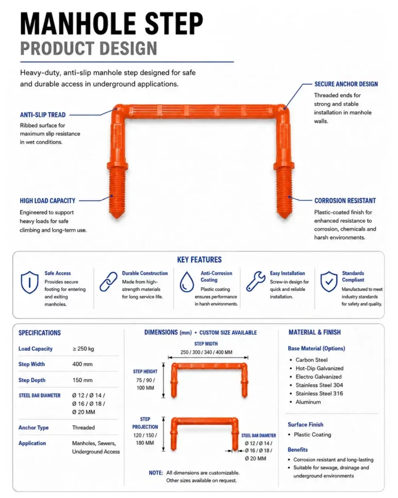 Reference manhole step configuration showing customizable dimensions, materials, finish and anchoring
