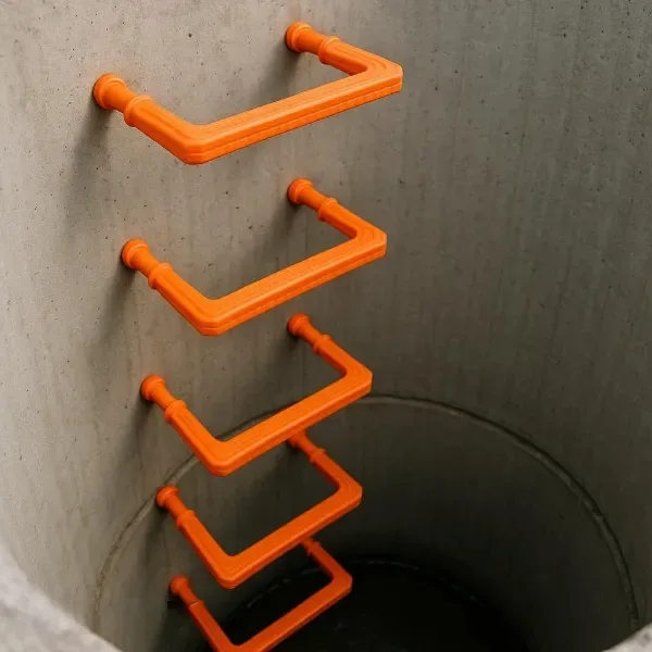 Orange coated manhole steps installed in a concrete shaft